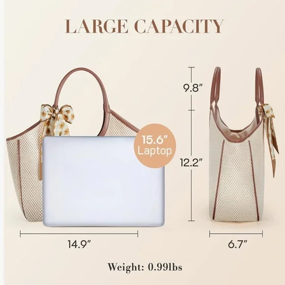 *New* (1 Left) Large Beach Straw Tote Raffia Woven Shoulder Bag - Brown/Beige - Picture 3 of 8